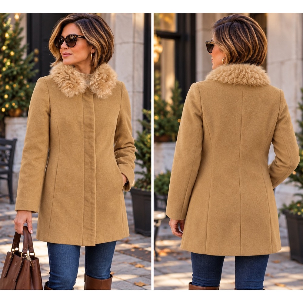 Vintage Y2K Banana Republic Camel Wool Coat Italian Shearling Lamb Collar S